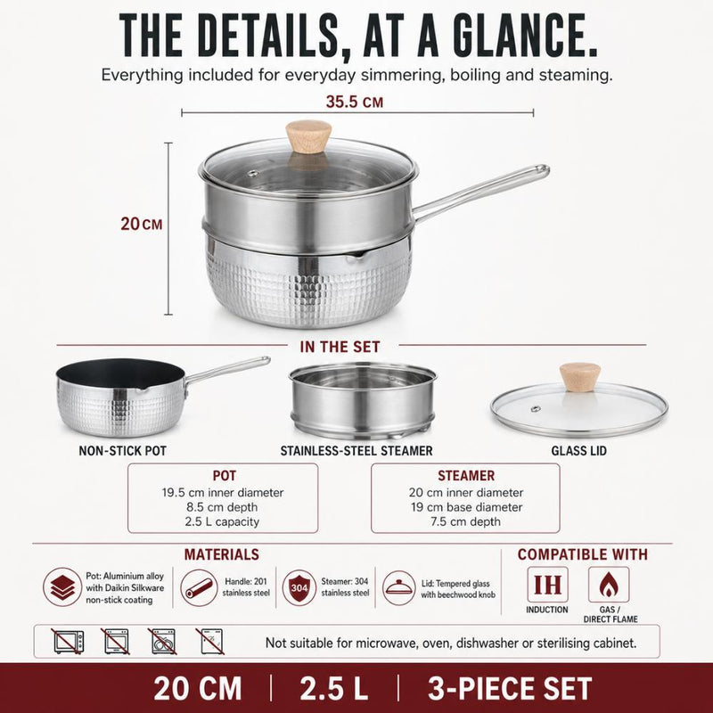 2-in-1 Non-Stick Yukihira Pot & Stainless Steel Steamer Set – 20cm diameter, 2.5L