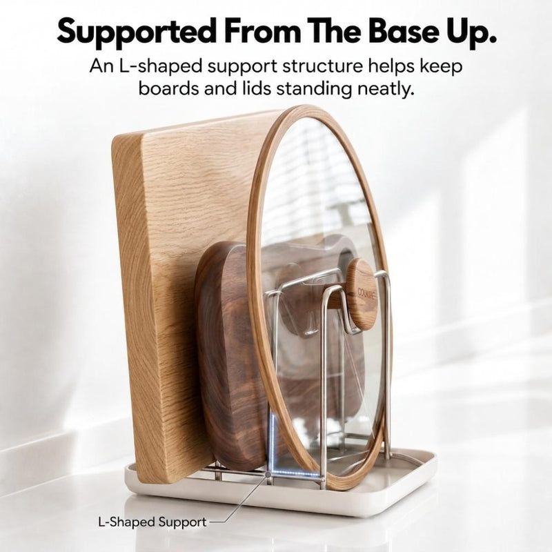 3-Slot Stainless Steel Chopping Board & Pot Lid Organiser with Drip Tray