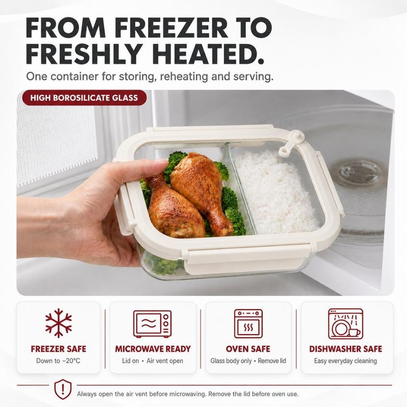 Airtight High Borosilicate Glass Microwaveable Food Container & Lunch Box