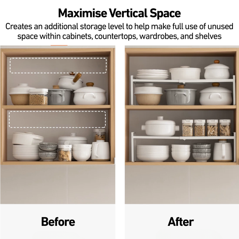 Extendable & Adjustable Shelf Risers for Maximising Vertical Spaces
