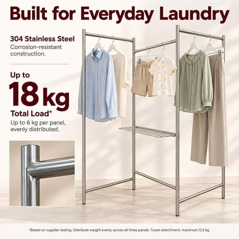 3-Fold Stainless Steel Floor Drying Rack | Foldable Indoor Clothes Drying Stand