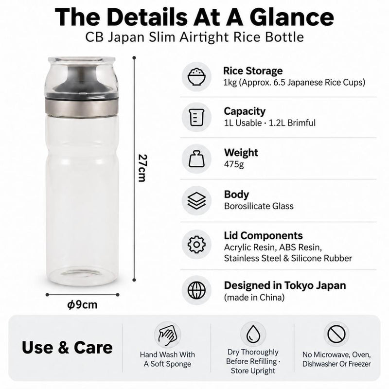 CB Japan Slim Airtight Rice Bottle with Measuring Cup/Lid 1kg