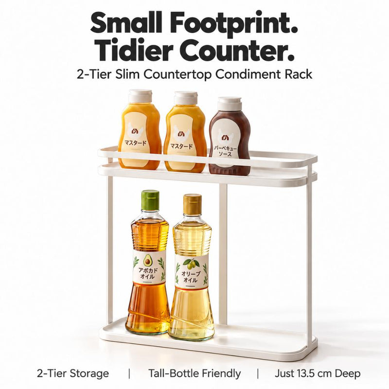 2-Tier Slim Countertop Condiment Rack with Tall-Bottle Storage