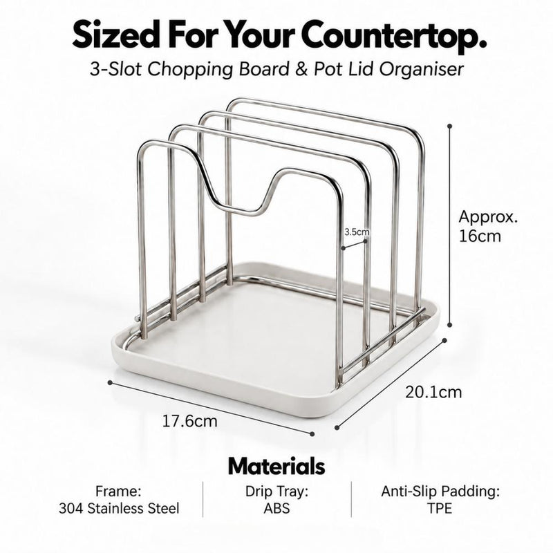 3-Slot Stainless Steel Chopping Board & Pot Lid Organiser with Drip Tray