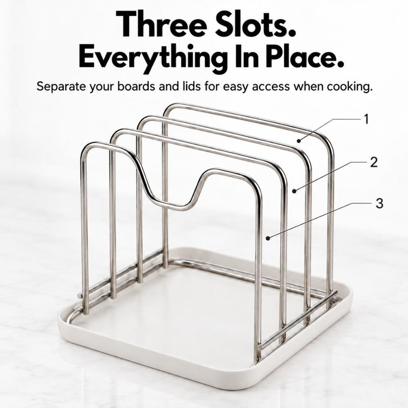 3-Slot Stainless Steel Chopping Board & Pot Lid Organiser with Drip Tray