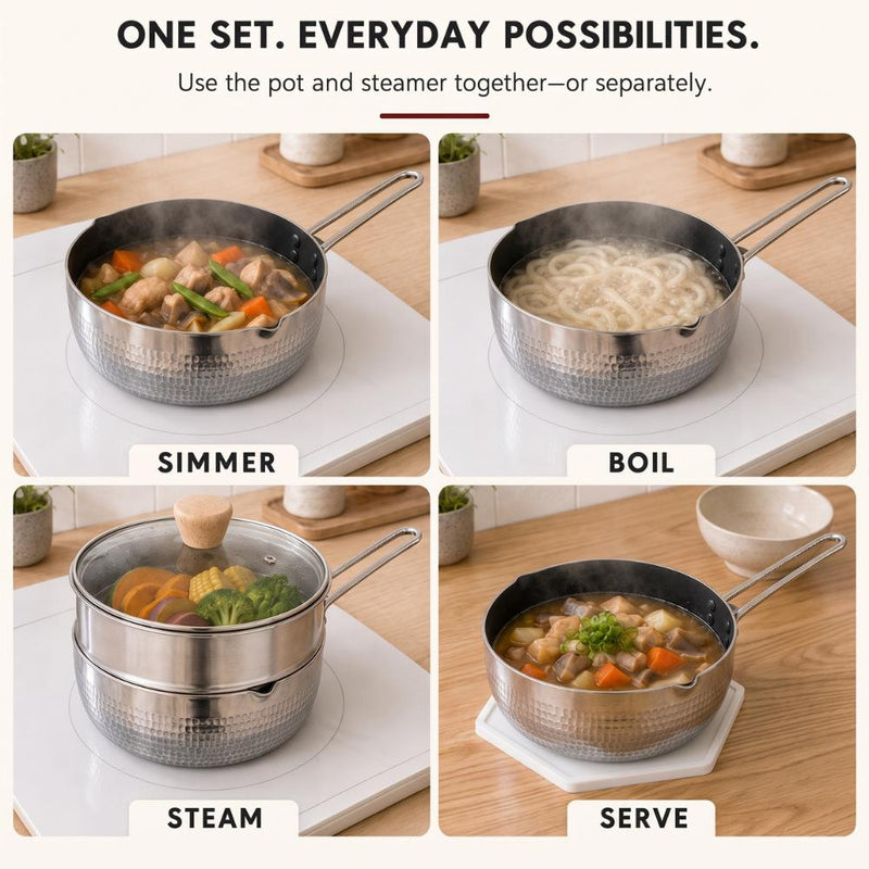 2-in-1 Non-Stick Yukihira Pot & Stainless Steel Steamer Set – 20cm diameter, 2.5L