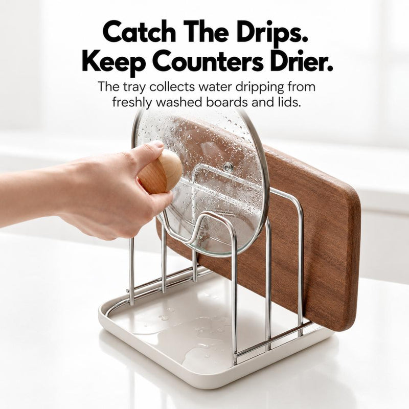 3-Slot Stainless Steel Chopping Board & Pot Lid Organiser with Drip Tray