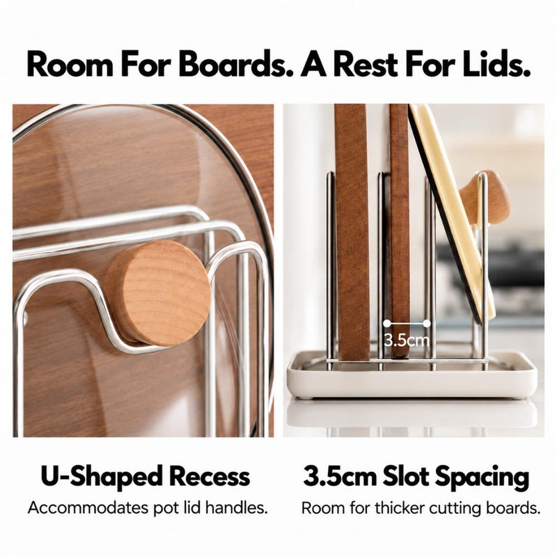 3-Slot Stainless Steel Chopping Board & Pot Lid Organiser with Drip Tray