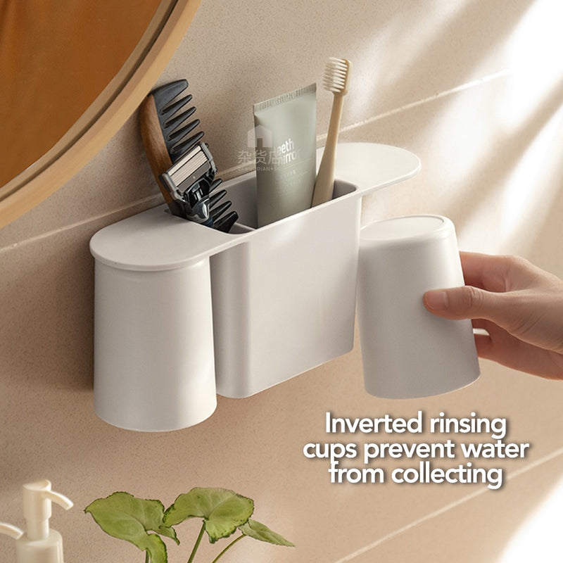 No-drill Minimalist Toothbrush Holder with Inverted Rinsing Cup