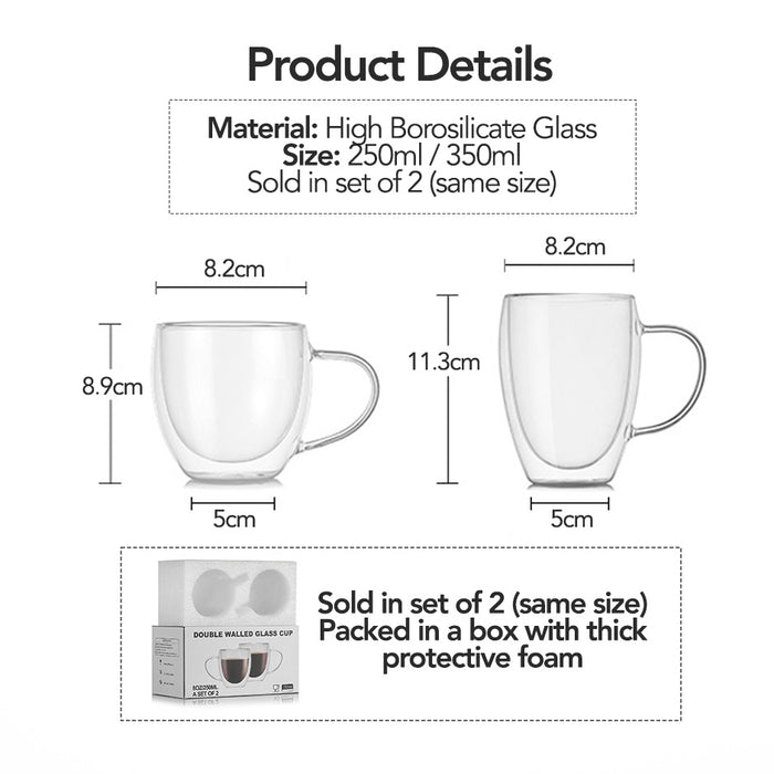 (Set of 2) High Borosilicate Double-wall Glass Mug with Handle
