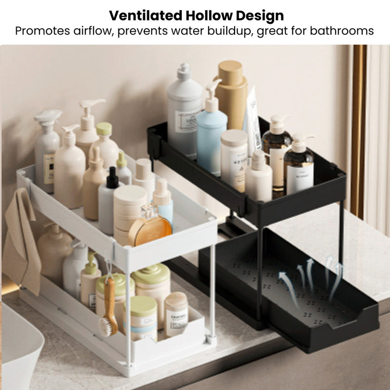 Dual-Tier Under Sink & Tabletop Sliding Drawer Storage Organiser with Hooks