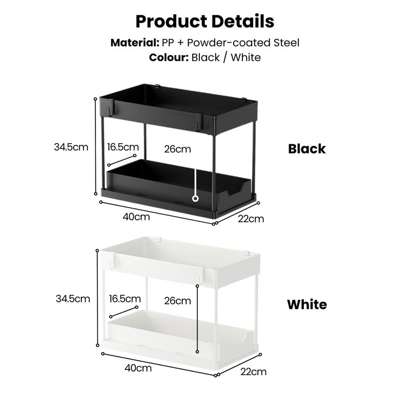 Dual-Tier Under Sink & Tabletop Sliding Drawer Storage Organiser with Hooks
