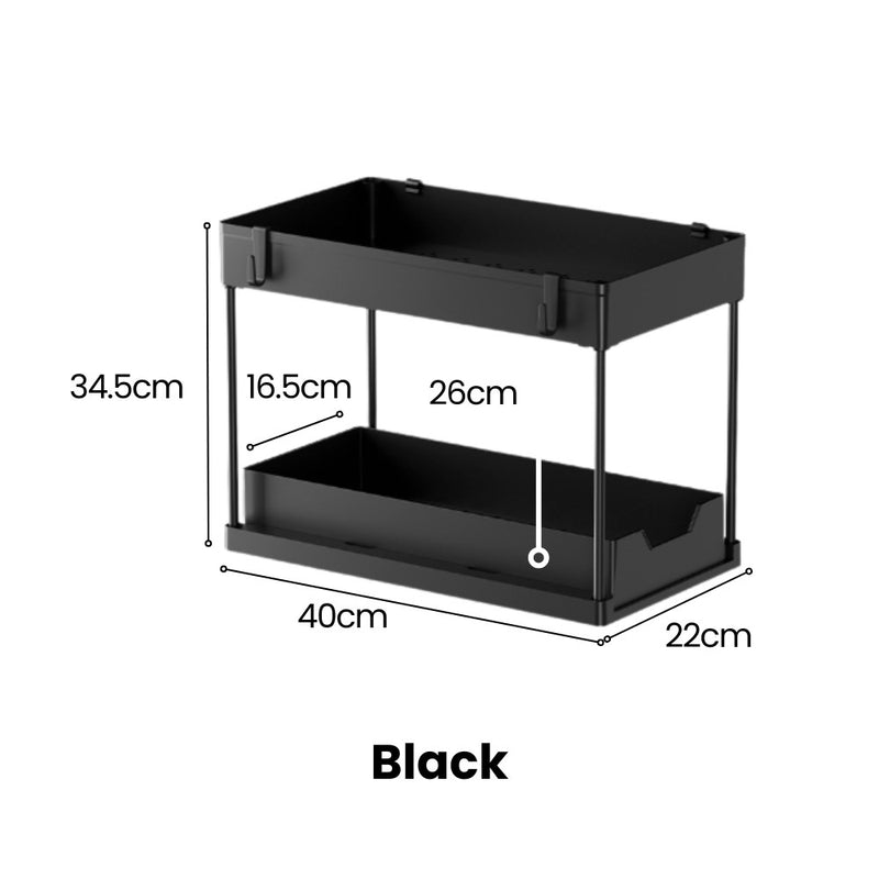Dual-Tier Under Sink & Tabletop Sliding Drawer Storage Organiser with Hooks