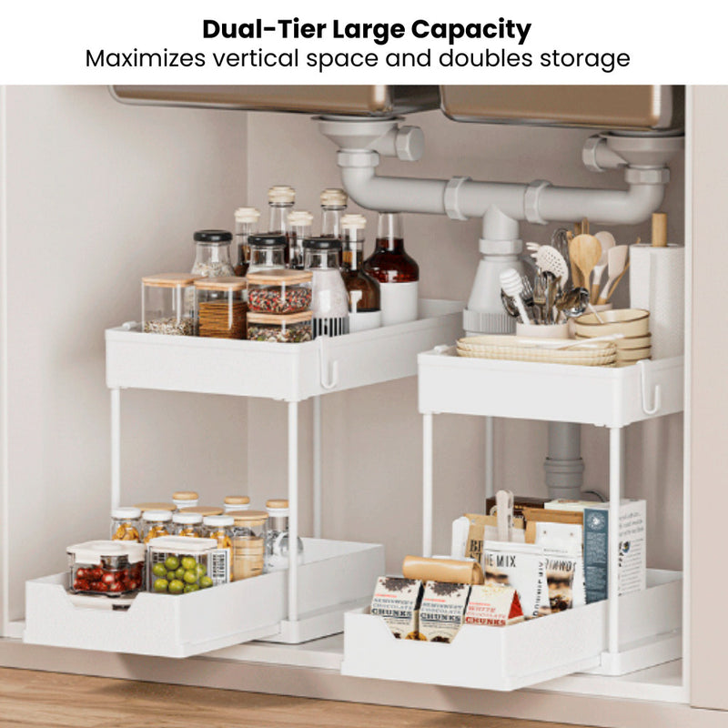 Dual-Tier Under Sink & Tabletop Sliding Drawer Storage Organiser with Hooks