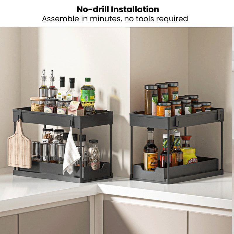 Dual-Tier Under Sink & Tabletop Sliding Drawer Storage Organiser with Hooks