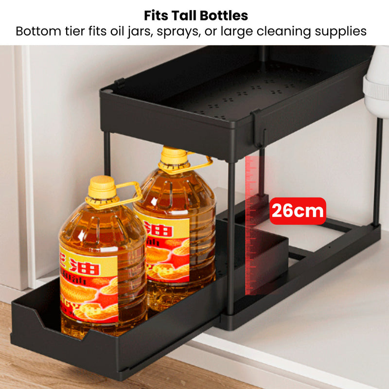 Dual-Tier Under Sink & Tabletop Sliding Drawer Storage Organiser with Hooks