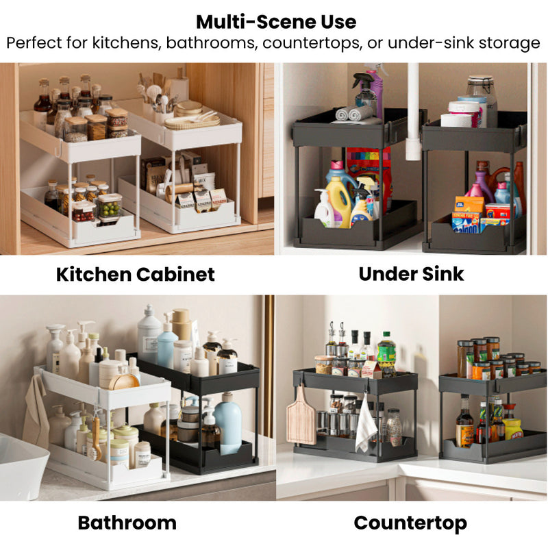 Dual-Tier Under Sink & Tabletop Sliding Drawer Storage Organiser with Hooks