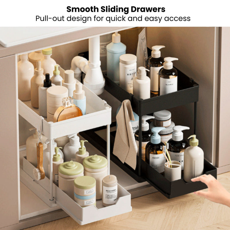 Dual-Tier Under Sink & Tabletop Sliding Drawer Storage Organiser with Hooks