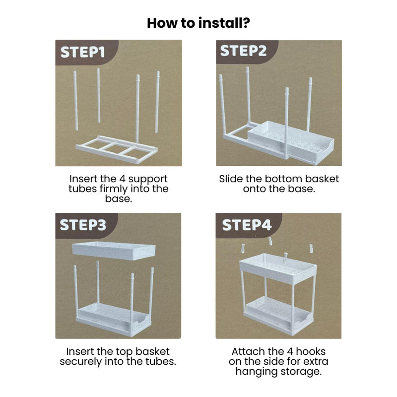 Dual-Tier Under Sink & Tabletop Sliding Drawer Storage Organiser with Hooks