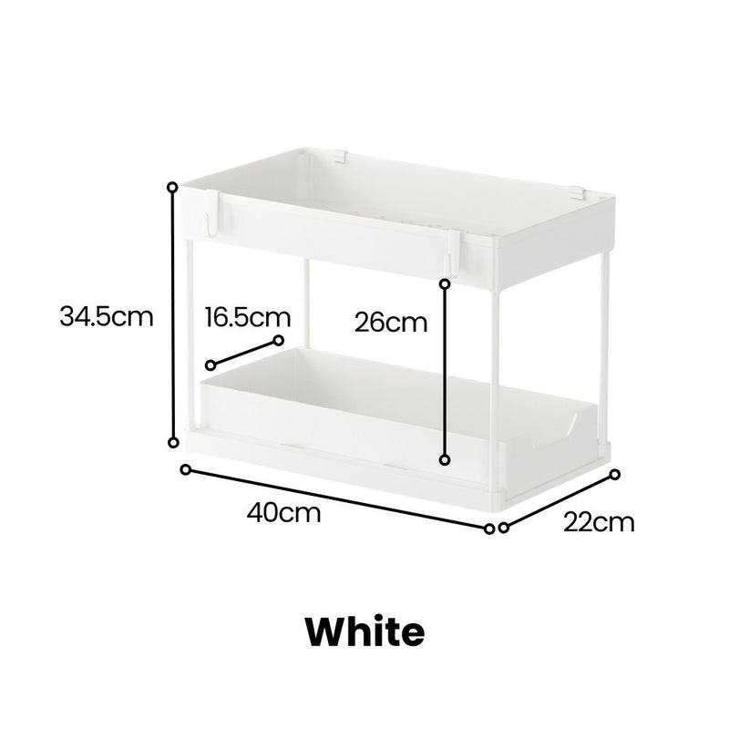 Dual-Tier Under Sink & Tabletop Sliding Drawer Storage Organiser with Hooks