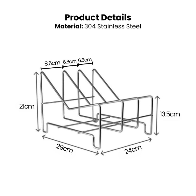 304 Stainless Steel 3-Slot Pan & Lid Organiser for Kitchen Drawers and Cabinets
