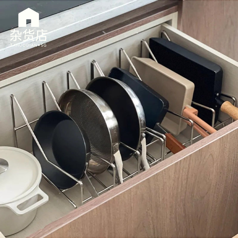 304 Stainless Steel 3-Slot Pan & Lid Organiser for Kitchen Drawers and Cabinets