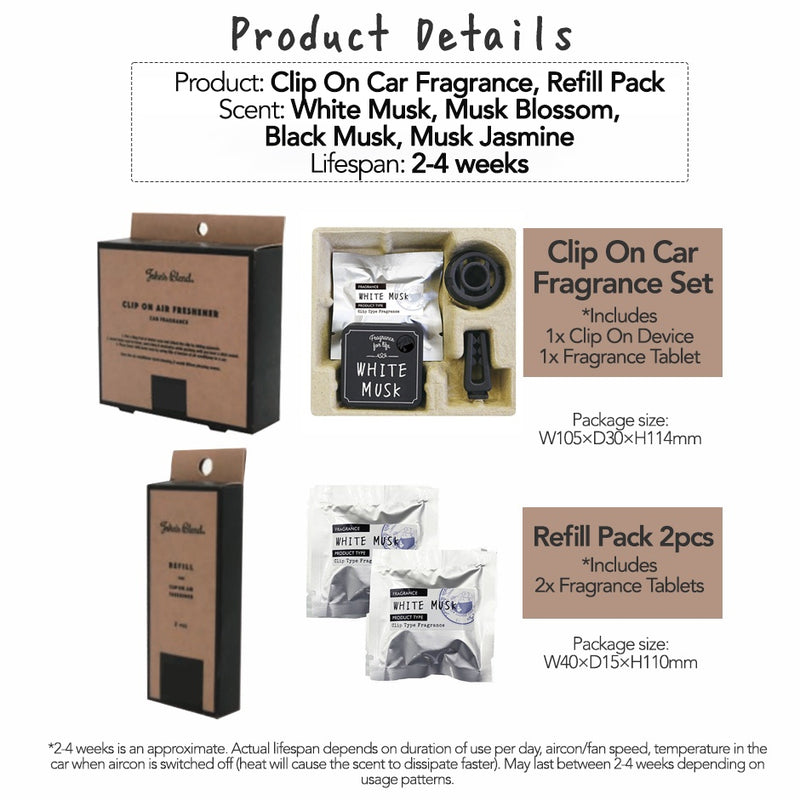 John's Blend Clip On Car Freshener Fragrance Set / Refill 2pcs White Musk & Assorted Scents
