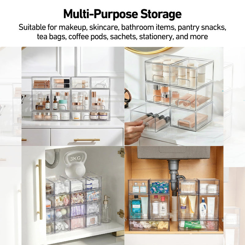 Clear Stacking Tabletop Modular Drawers for Skincare Cosmetics Supplements Teabags & More