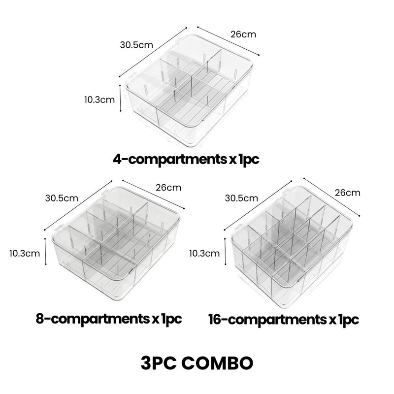 Adjustable Compartmentalised Clear Organiser with Flip Lid