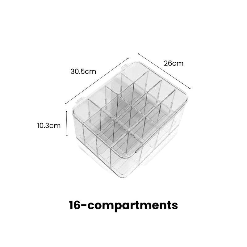 Adjustable Compartmentalised Clear Organiser with Flip Lid