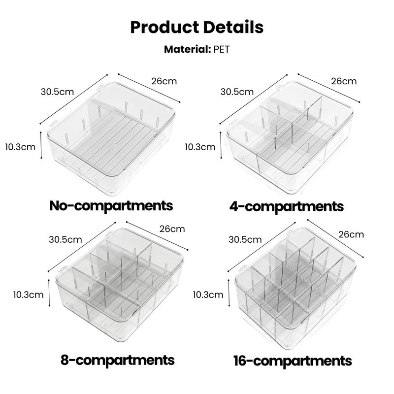 Adjustable Compartmentalised Clear Organiser with Flip Lid